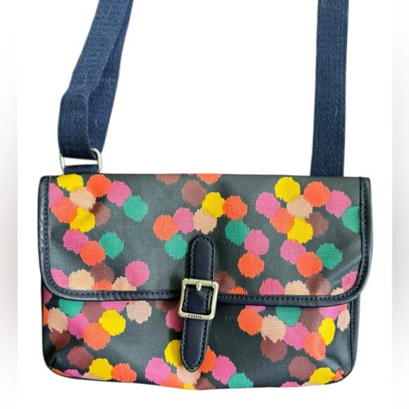 Fossil Keyper Mini Crossbody Navy Multicolored Polka Dot Coated Canvas Bag - Picture 3 of 12
